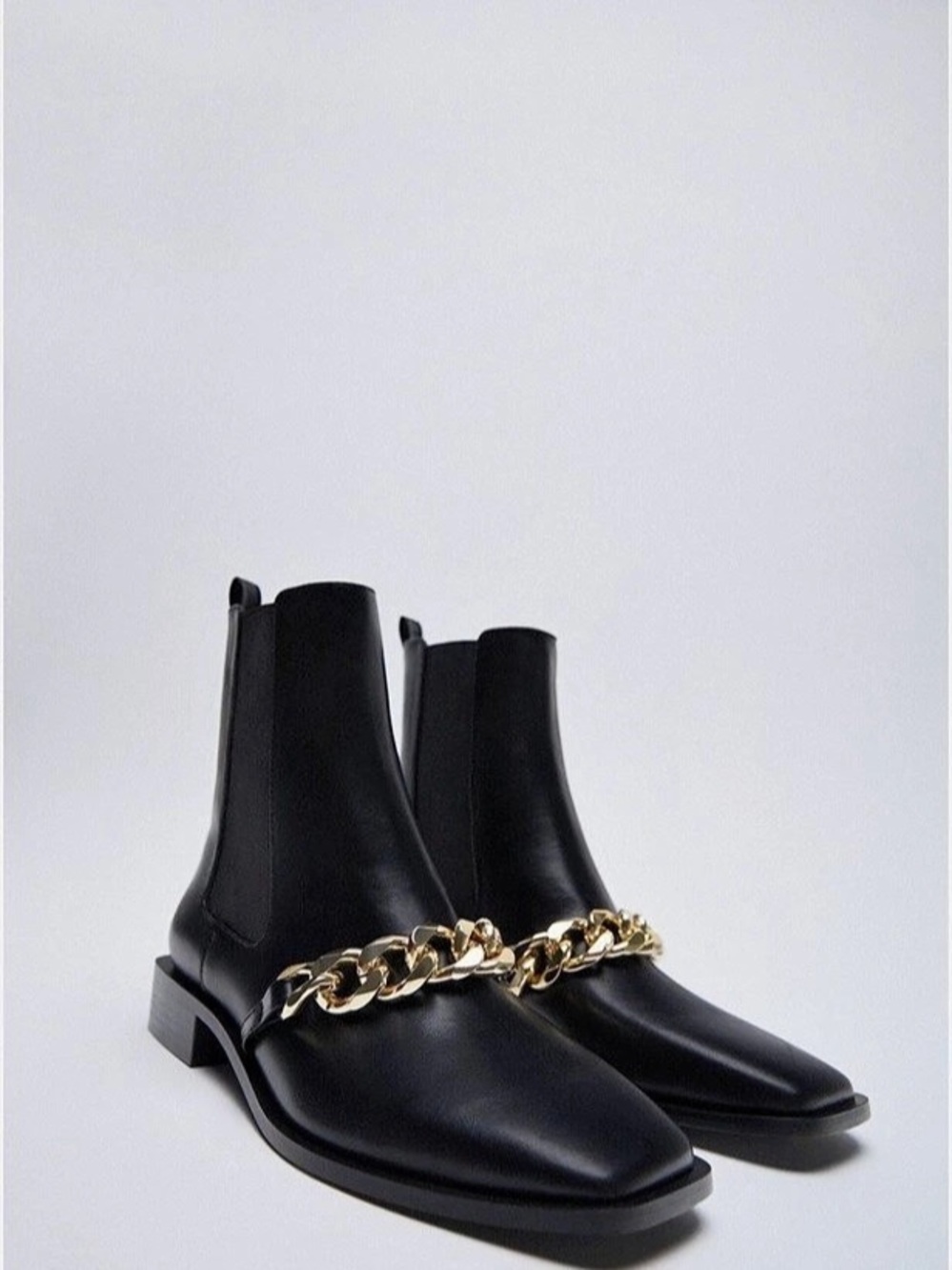 Zara Flat Leather Ankle Boot with Gold Chain Black